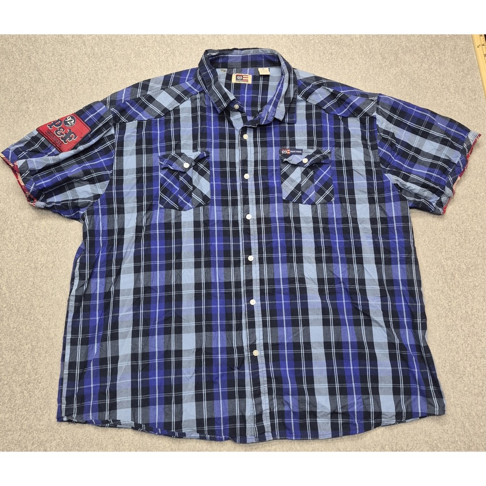 Vintage Phat Farm Shirt Mens 5XL Blue Plaid Short Sleeve Graphic Button Down Y2K
